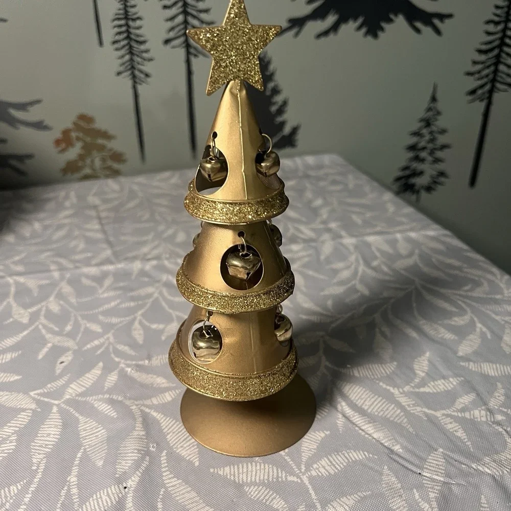 VINTAGE METAL GOLDEN GLITTER BELL CHRISTMAS‎ TREE STAR Figure Decor
